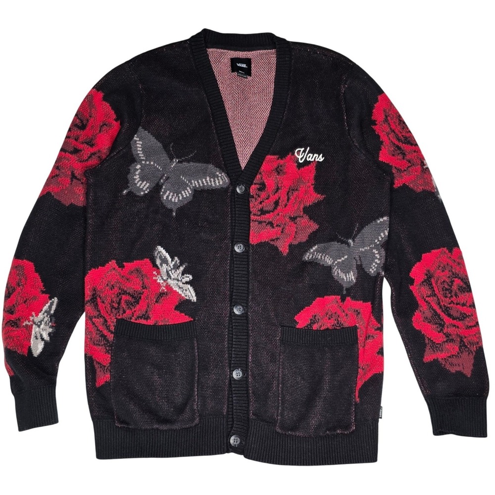 Vans Mens Small Rose Butterfly Intarsia Knit Cardigan Sweater Black Red Floral